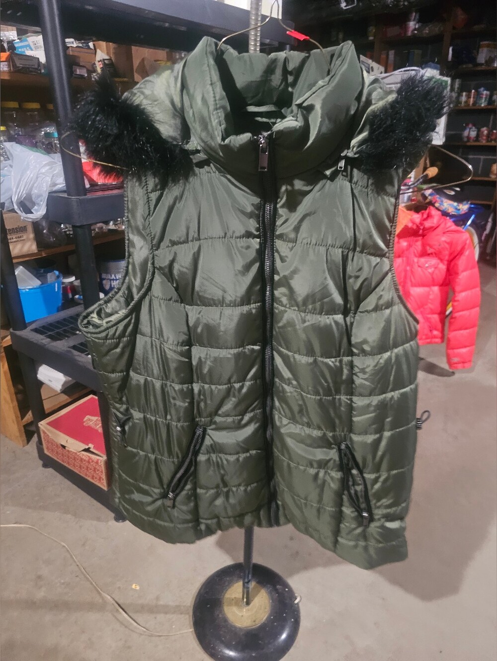 Maurices Olive Green Long Quilted Puffer Vest with Faux Fur Trim Women's Size 1x